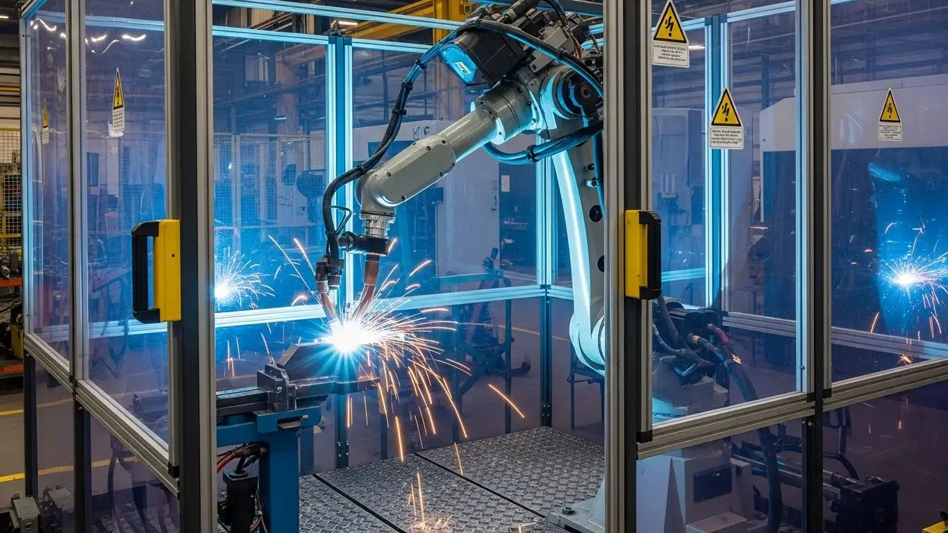 Robot soldador industrial con caja de seguridad